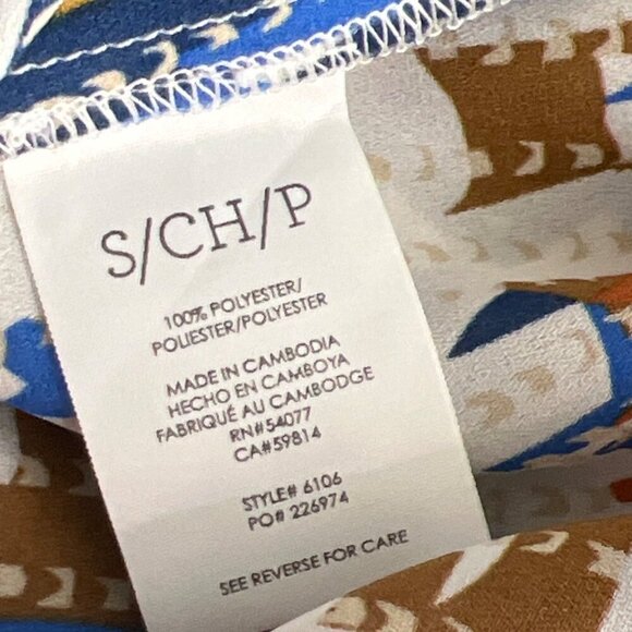 CABI Jigsaw Blouse Button Front Ruffle V-Neck Blue Brown White Sz S #6106 NWOT - Picture 5 of 5